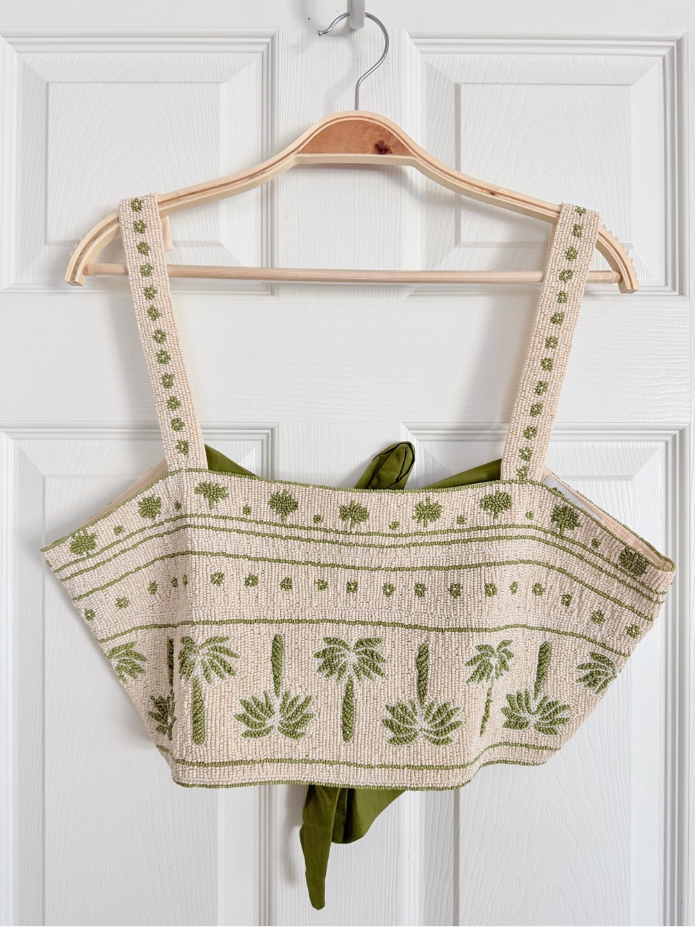 🌴 Anthropologie Celandine Beaded Palm Tree Cami Crop Top Green Beige Seed Beads